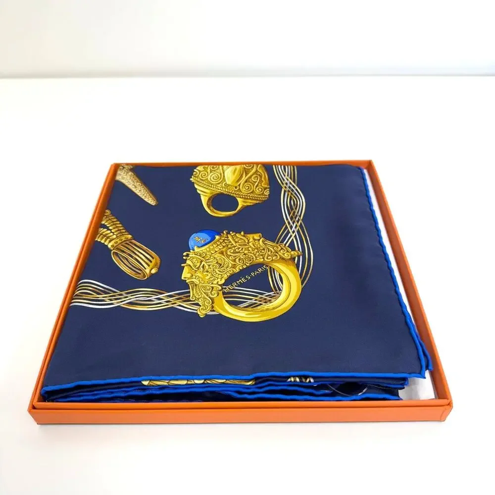 HERMES Carre 90 Blue Alliances du Monde Silk Scarf NEW Ring Pattern with Box